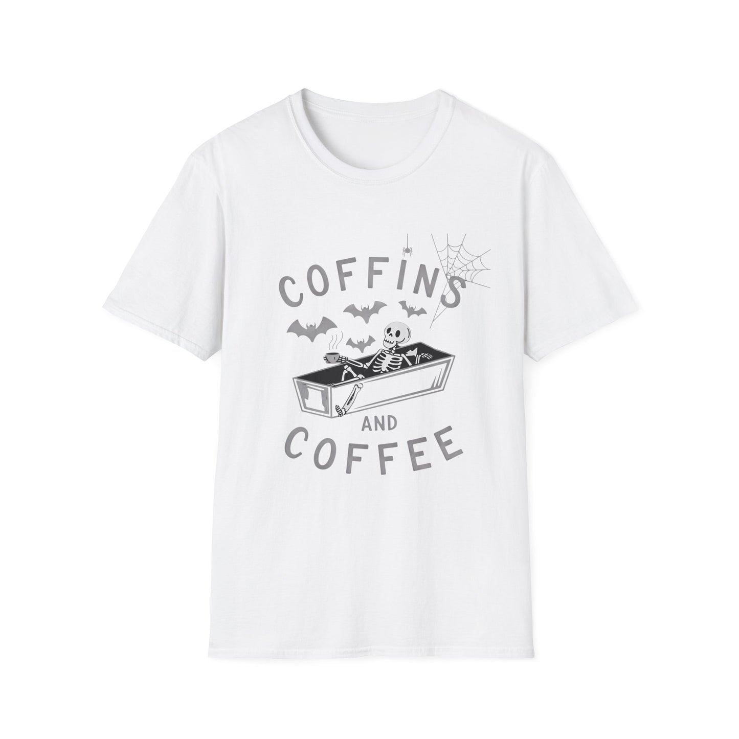 Coffins and Coffee T-Shirt, Unisex Halloween Tee, Spooky Softstyle Shirt, Gift for Coffee Lovers, Fun Casual Wear