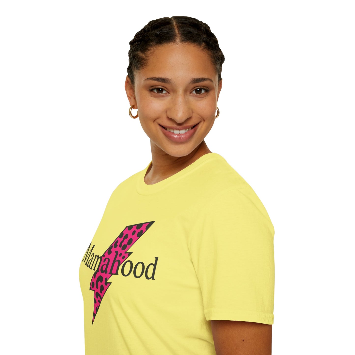Mamahood Softstyle T-Shirt - Trendy Tee with Pink Lightning and Leopard Print