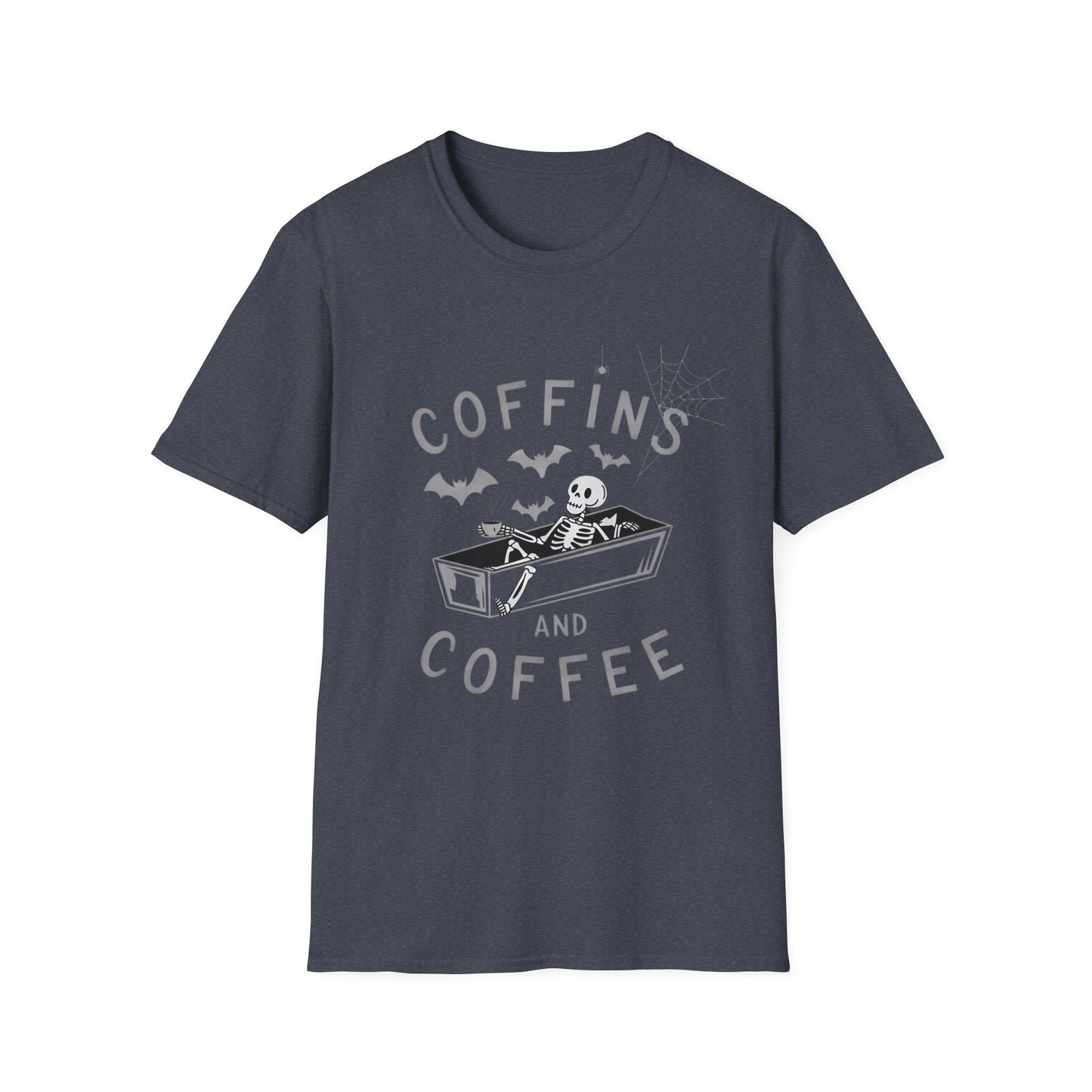 Coffins and Coffee T-Shirt, Unisex Halloween Tee, Spooky Softstyle Shirt, Gift for Coffee Lovers, Fun Casual Wear