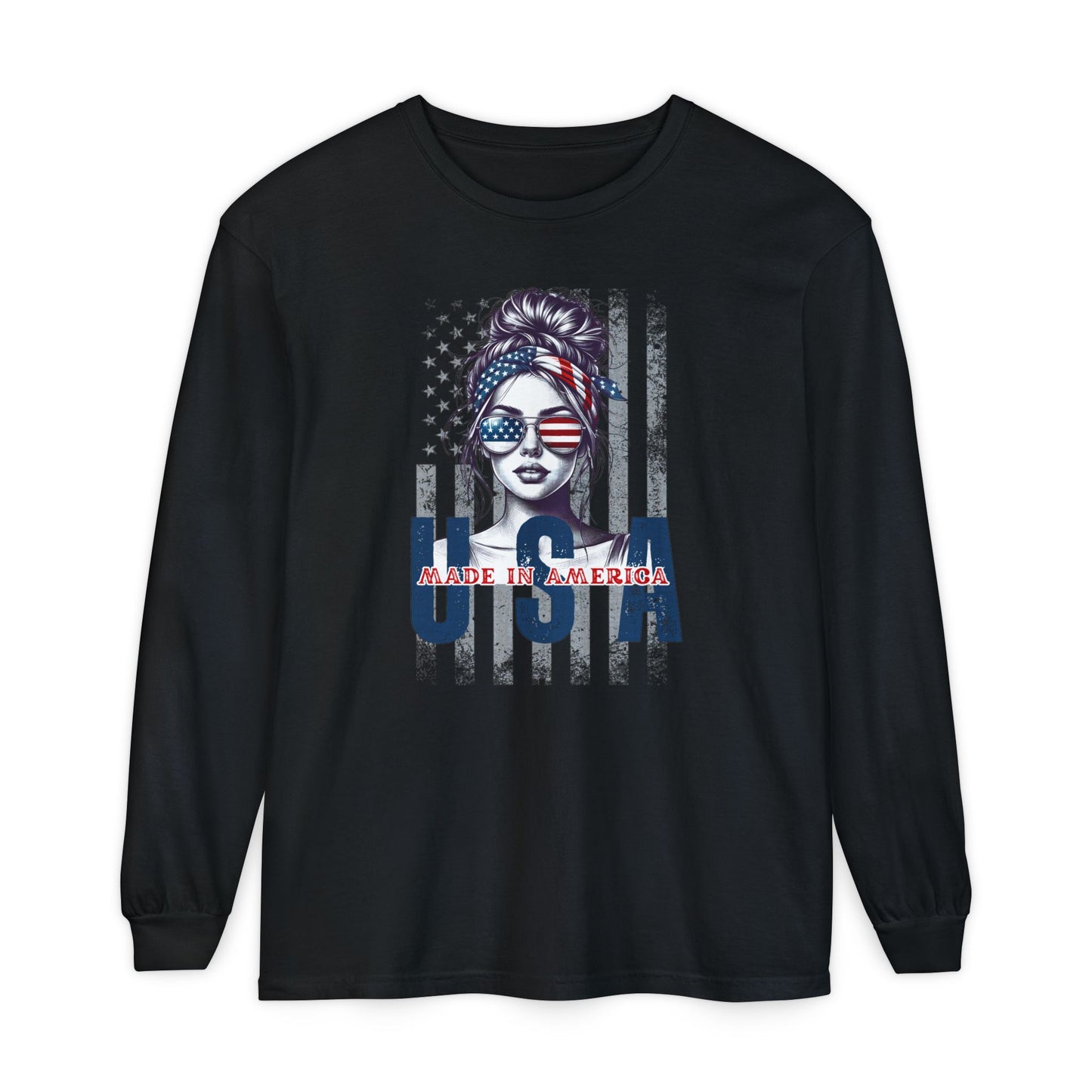 USA Themed Long Sleeve T-Shirt - Made in America, Patriotic Apparel, Independence Day Shirt, Americana Fashion, Unisex Casual Wear