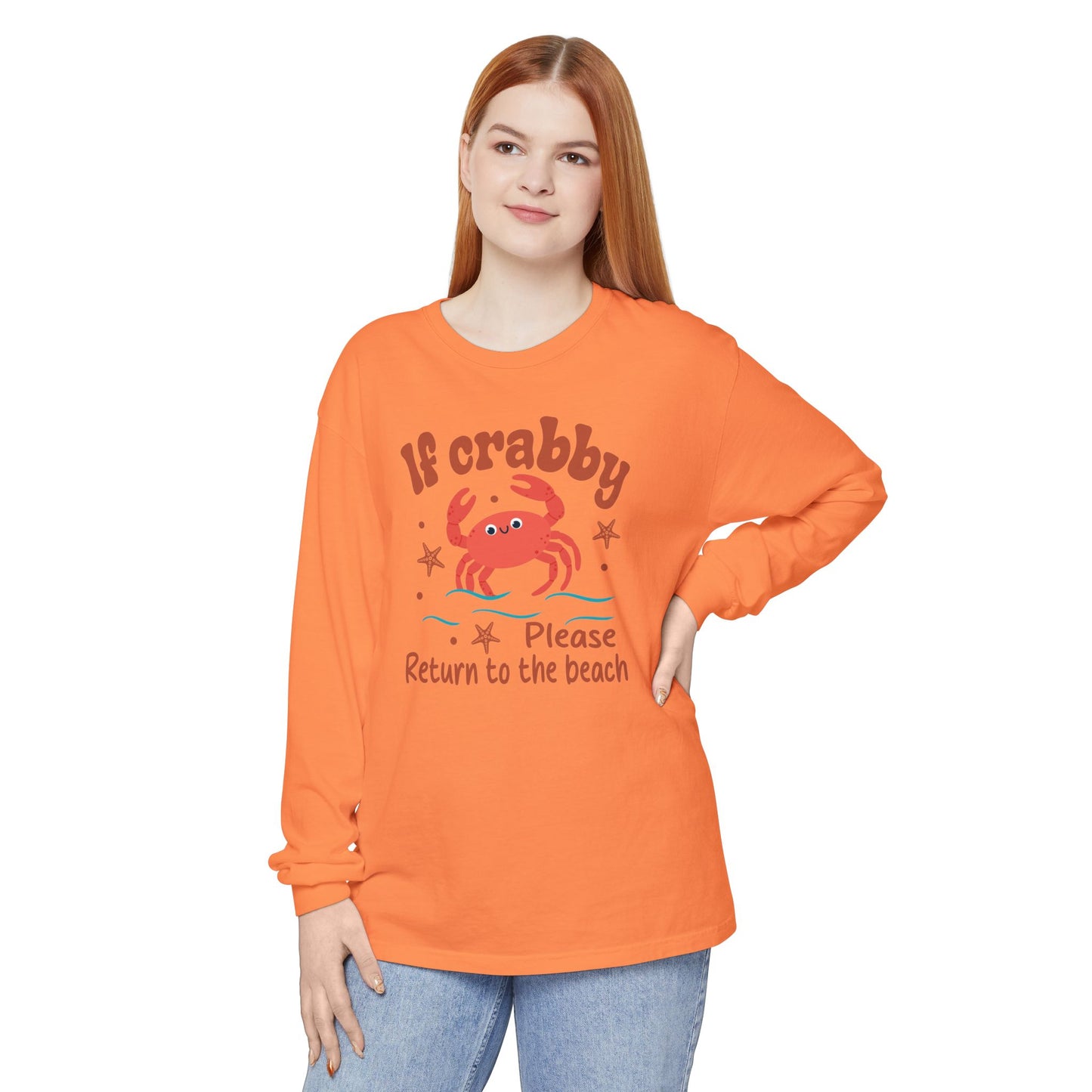 Beach Vibes Long Sleeve T-Shirt, If Crabby Please Return to the Beach Shirt, Summer Casual Wear, Gift for Beach Lovers, Coastal Humor Tee