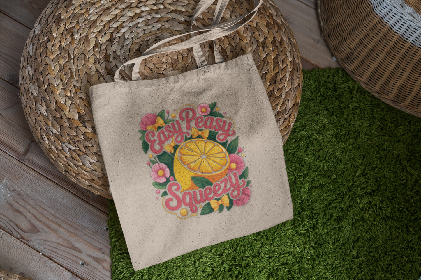 Sunshine Tote Bag - Easy Peasy Squeezy, Eco-Friendly Bag, Summer Tote, Floral Bag, Gift for Her, Beach Bag