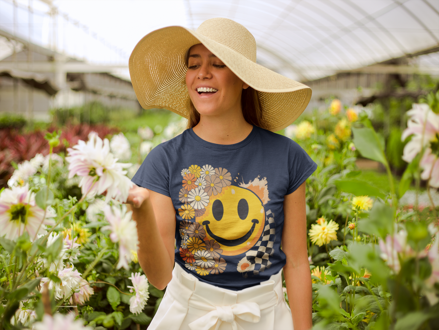 Retro Floral Smiley T-Shirt | Unisex Graphic Tee for Casual Wear, Gift for Friends, Summer Vibes, Self-Care, Birthday Present