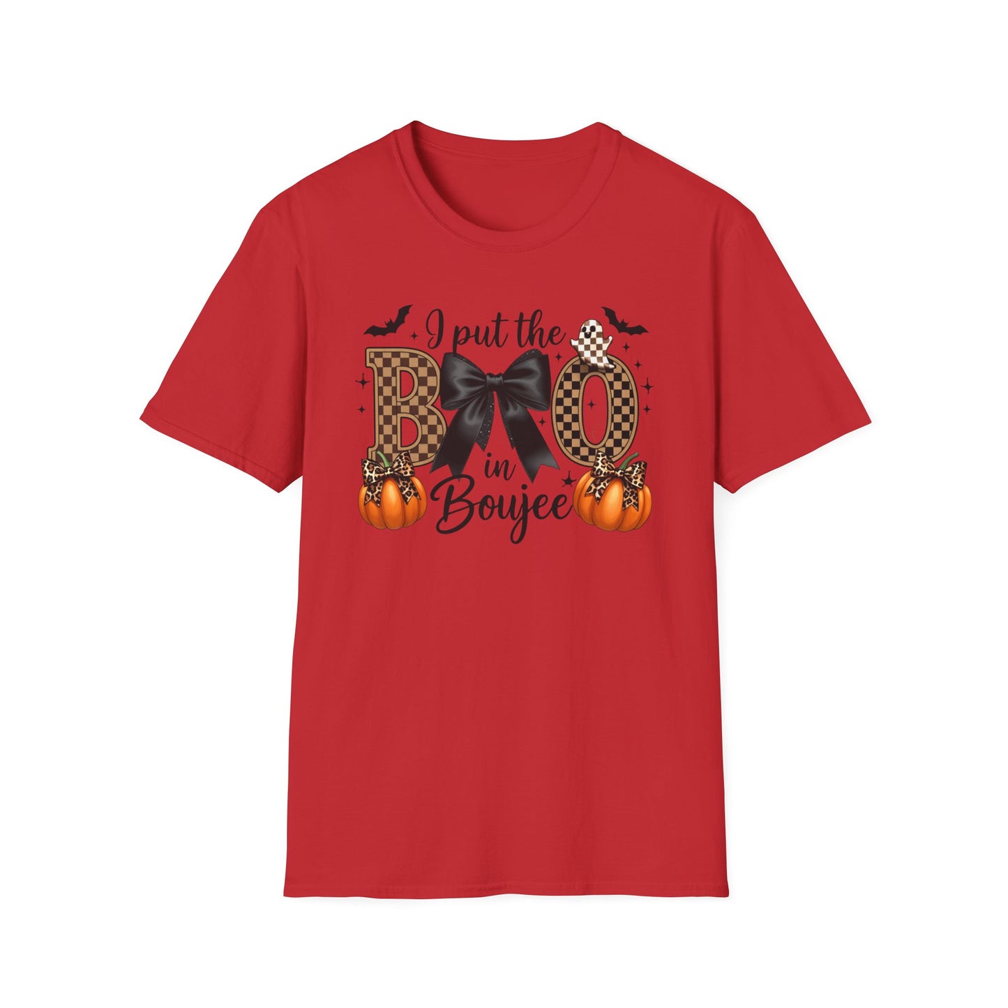 Fall-Themed Unisex Softstyle T-Shirt - 'I Put the BOO in Boujee', Halloween Shirt, Cute Autumn Apparel, Halloween Party Outfit, Gift for Her