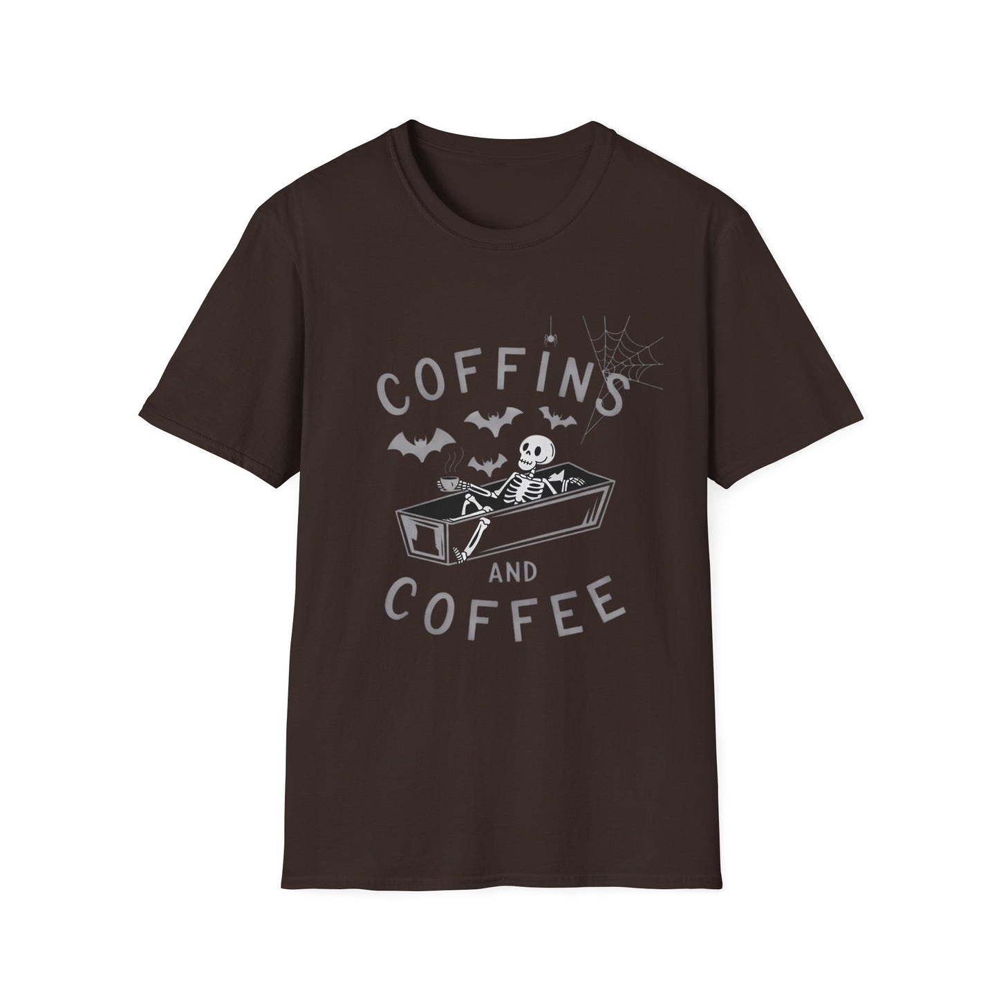 Coffins and Coffee T-Shirt, Unisex Halloween Tee, Spooky Softstyle Shirt, Gift for Coffee Lovers, Fun Casual Wear