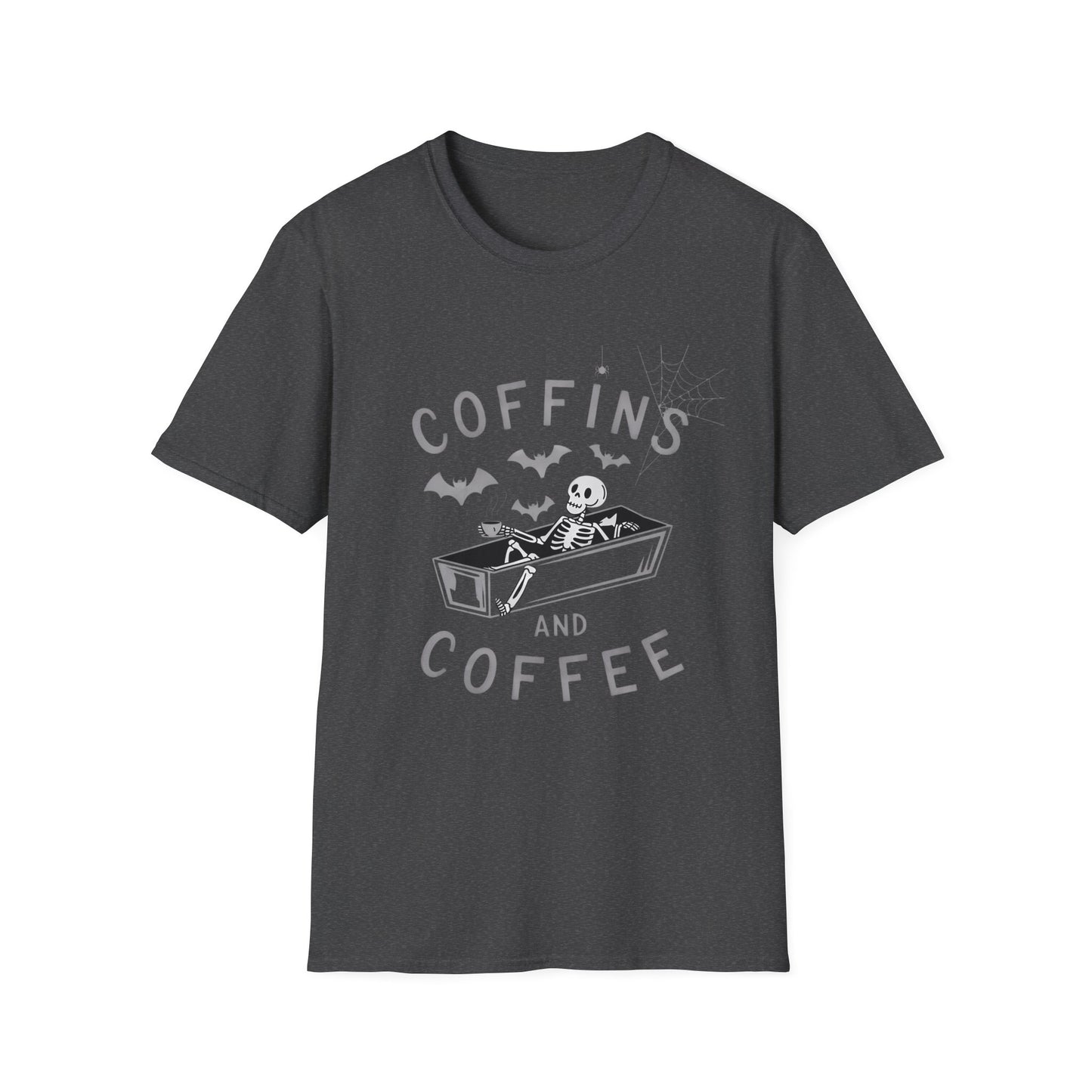 Coffins and Coffee T-Shirt, Unisex Halloween Tee, Spooky Softstyle Shirt, Gift for Coffee Lovers, Fun Casual Wear