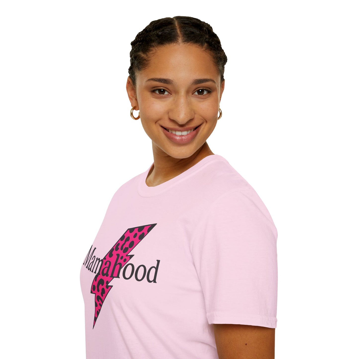 Mamahood Softstyle T-Shirt - Trendy Tee with Pink Lightning and Leopard Print