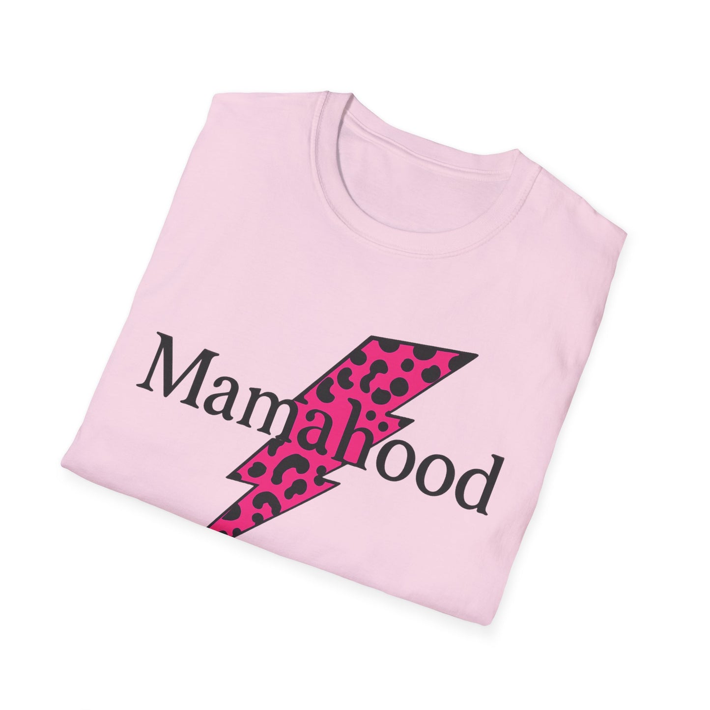 Mamahood Softstyle T-Shirt - Trendy Tee with Pink Lightning and Leopard Print