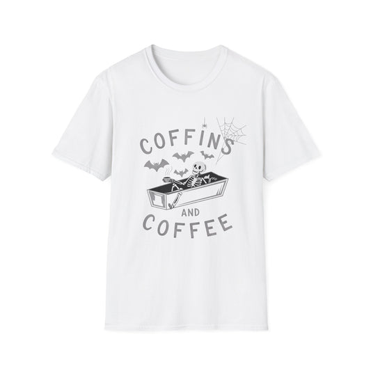 Coffins and Coffee T-Shirt, Unisex Halloween Tee, Spooky Softstyle Shirt, Gift for Coffee Lovers, Fun Casual Wear