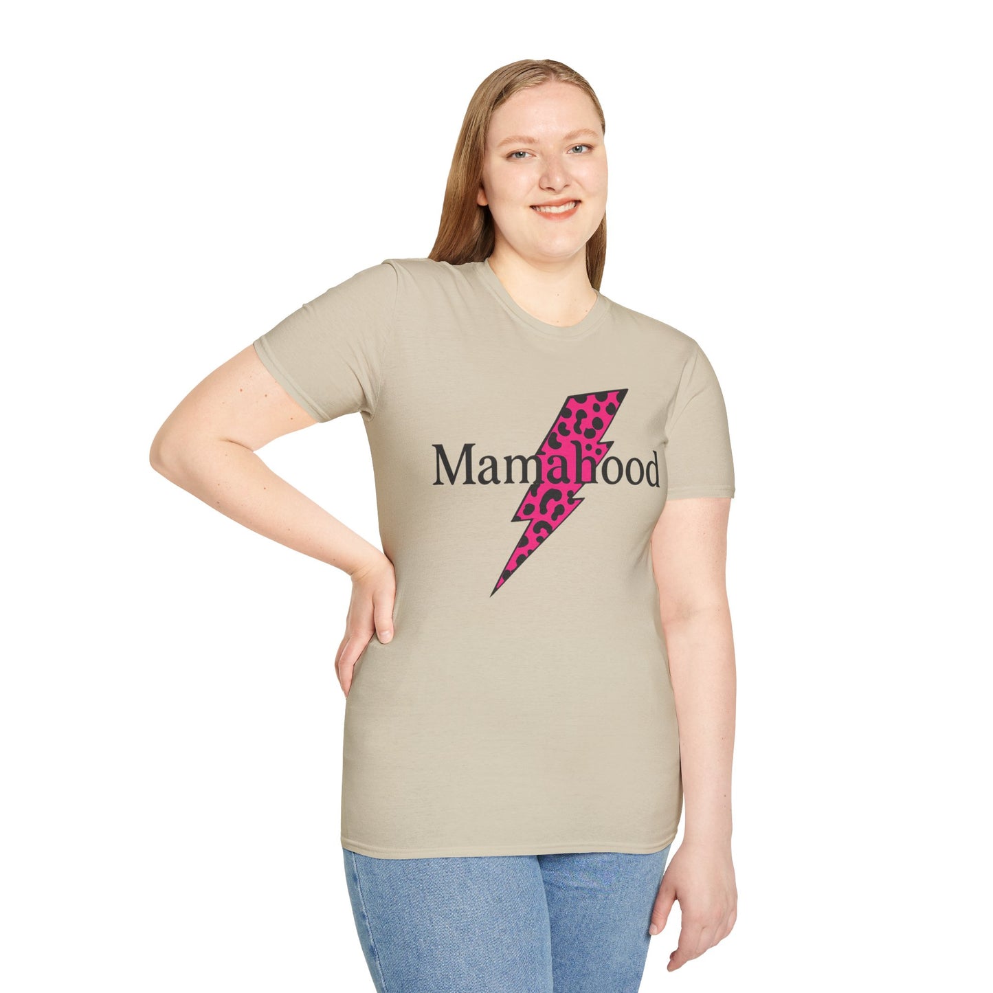Mamahood Softstyle T-Shirt - Trendy Tee with Pink Lightning and Leopard Print