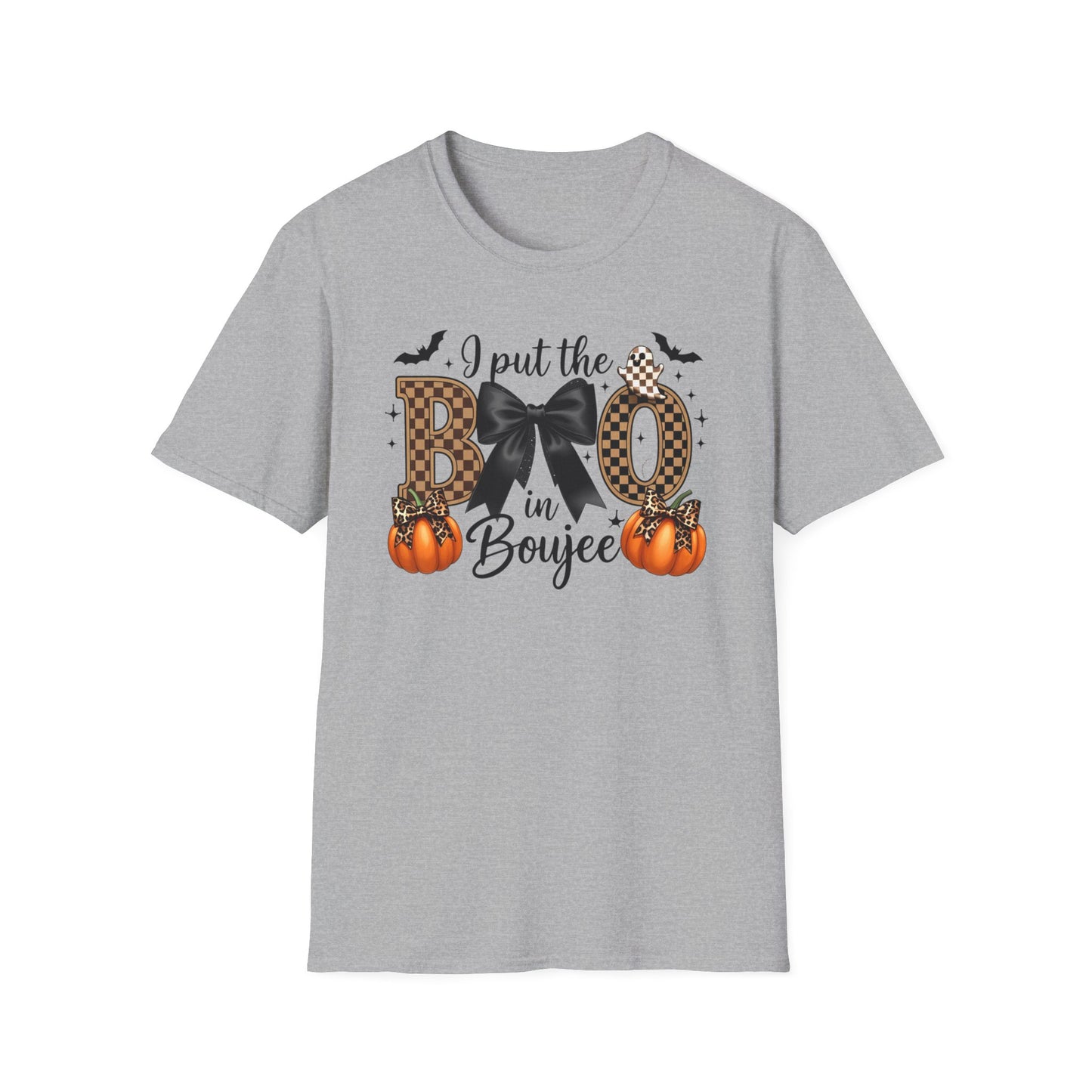 Fall-Themed Unisex Softstyle T-Shirt - 'I Put the BOO in Boujee', Halloween Shirt, Cute Autumn Apparel, Halloween Party Outfit, Gift for Her