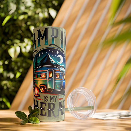 Camping Spirit Skinny Tumbler, Adventure Travel Mug, Outdoor Enthusiast Drinkware, Summer Camp Gift, 20oz Tumblers with Straw