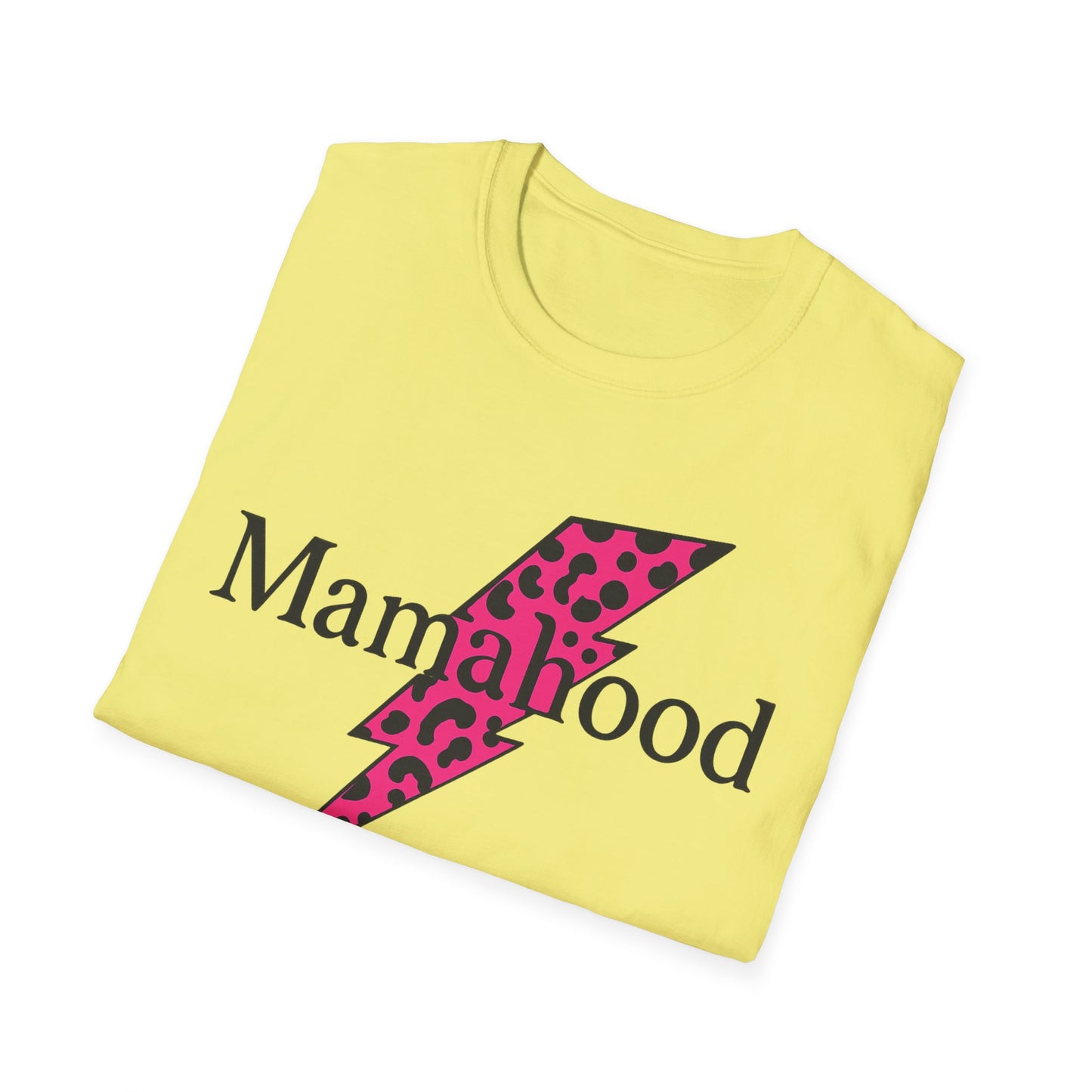 Mamahood Softstyle T-Shirt - Trendy Tee with Pink Lightning and Leopard Print