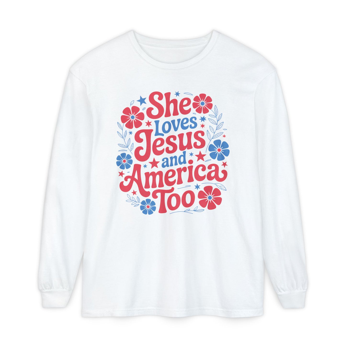 Long Sleeve T-Shirt, Faith-Inspired Apparel, Christ & Country Lifestyle, Perfect for Church Groups, Patriotic Gifts, Women's Fashion