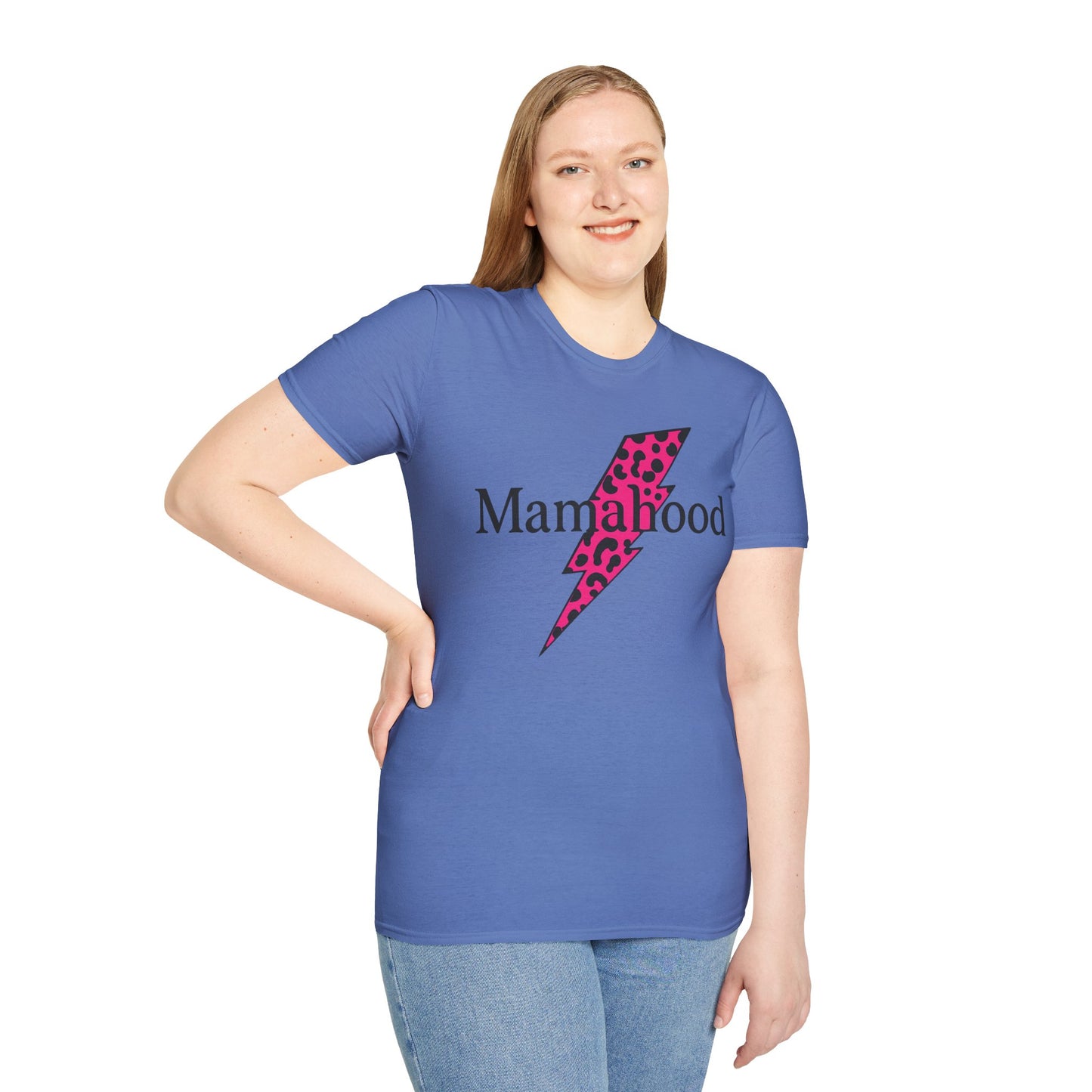 Mamahood Softstyle T-Shirt - Trendy Tee with Pink Lightning and Leopard Print