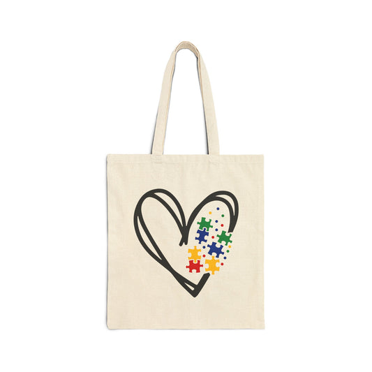 Autism Support, Heart Puzzle Love Cotton Canvas Tote Bag, Eco-Friendly Shopper, Gift for Puzzle Lovers, Cute Everyday Bag, Wedding Favor, Art Supplies Tote