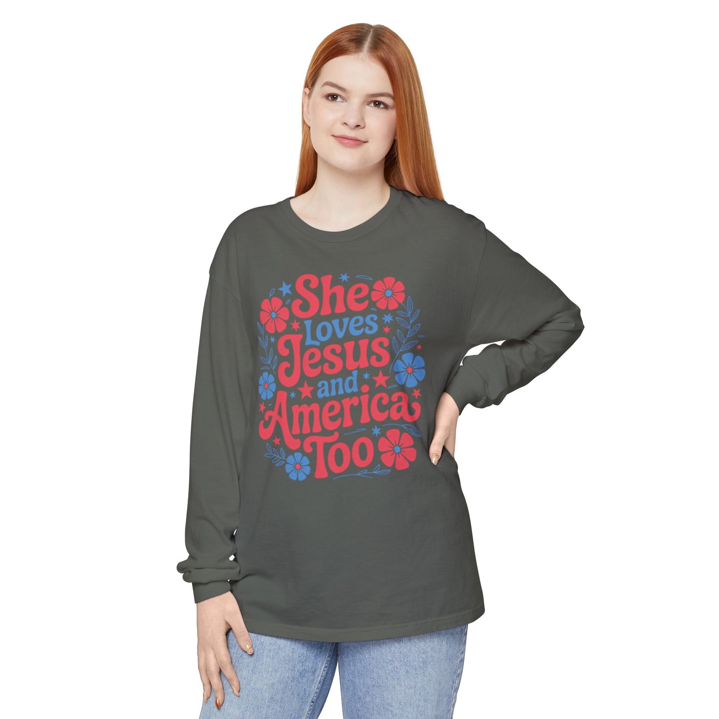 Long Sleeve T-Shirt, Faith-Inspired Apparel, Christ & Country Lifestyle, Perfect for Church Groups, Patriotic Gifts, Women's Fashion