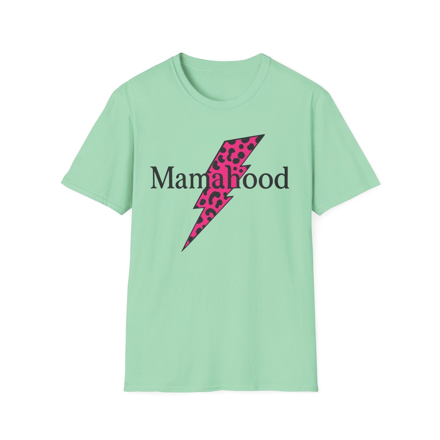 Mamahood Softstyle T-Shirt - Trendy Tee with Pink Lightning and Leopard Print