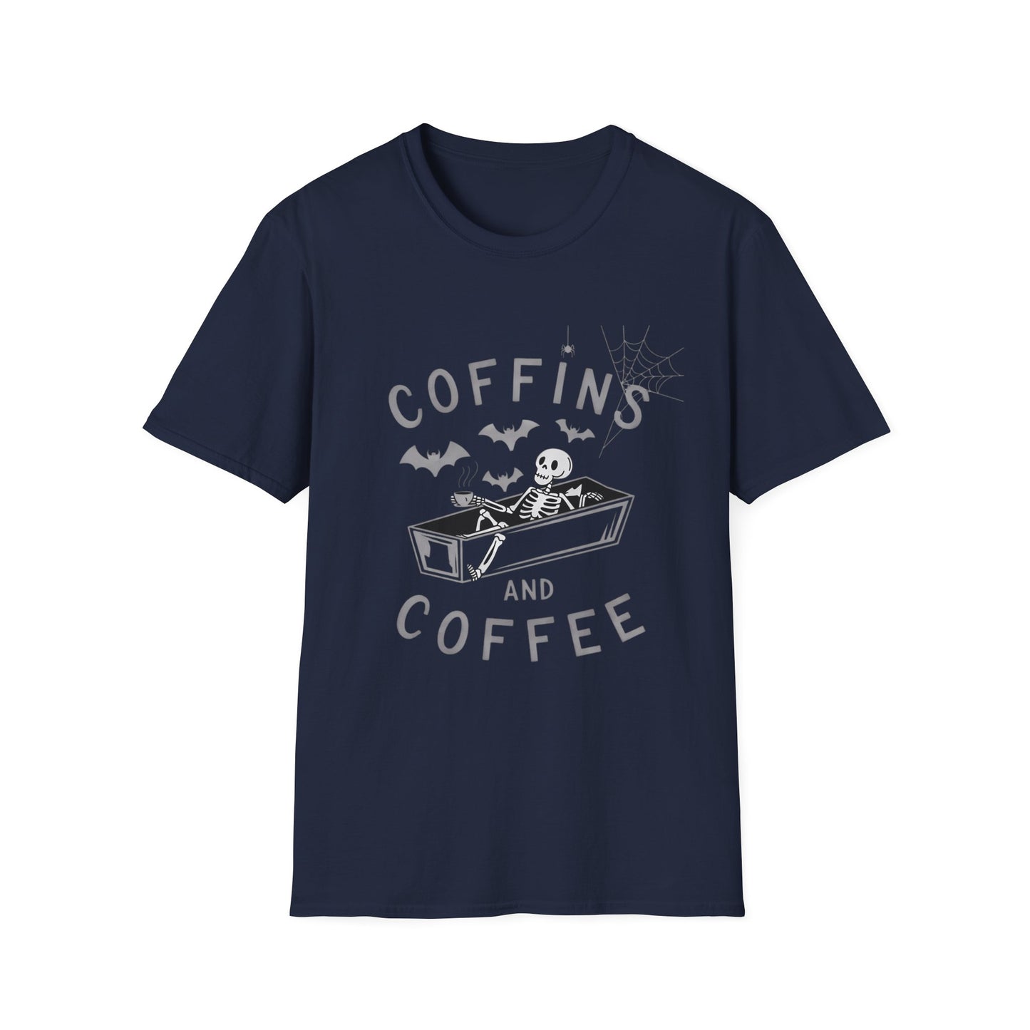 Coffins and Coffee T-Shirt, Unisex Halloween Tee, Spooky Softstyle Shirt, Gift for Coffee Lovers, Fun Casual Wear