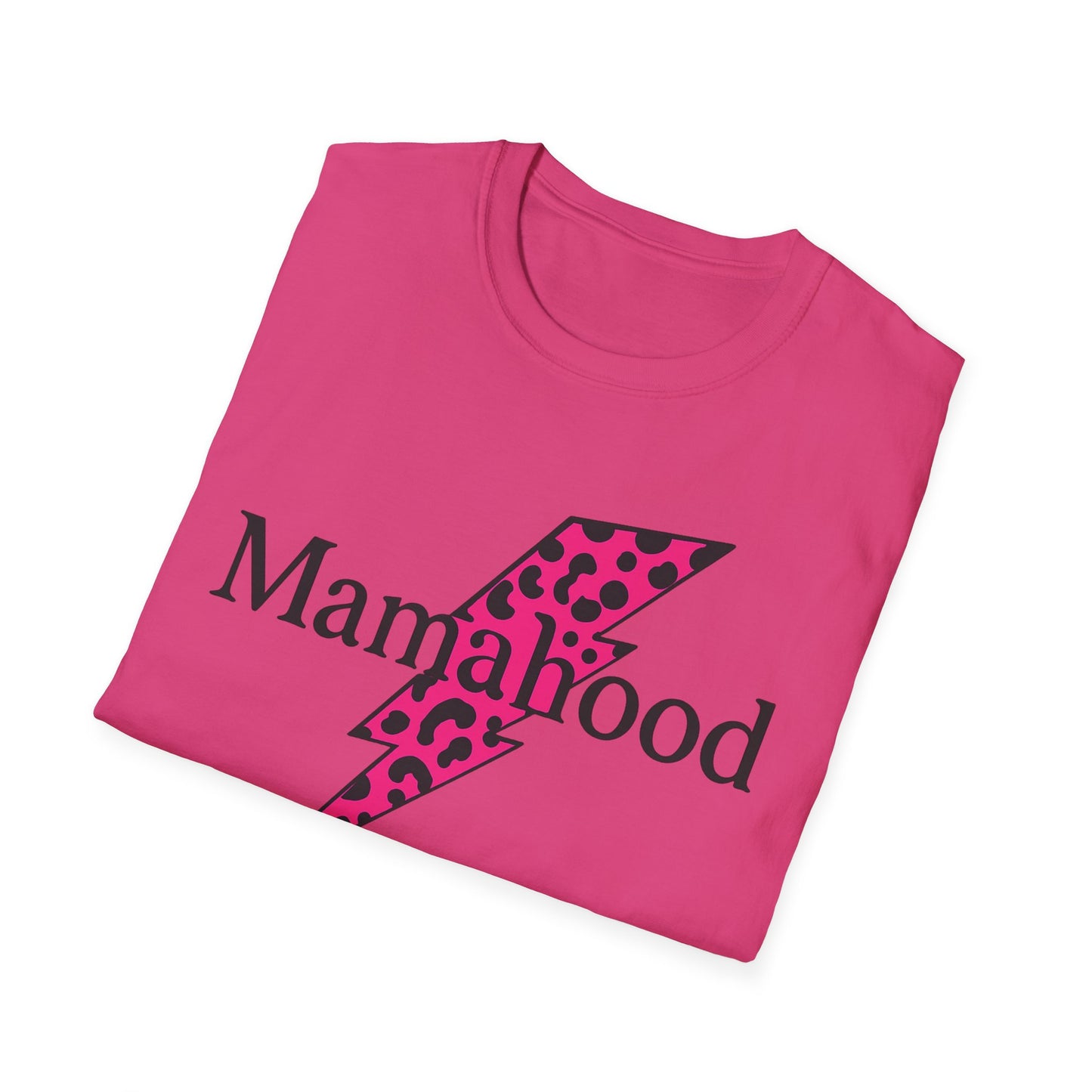 Mamahood Softstyle T-Shirt - Trendy Tee with Pink Lightning and Leopard Print