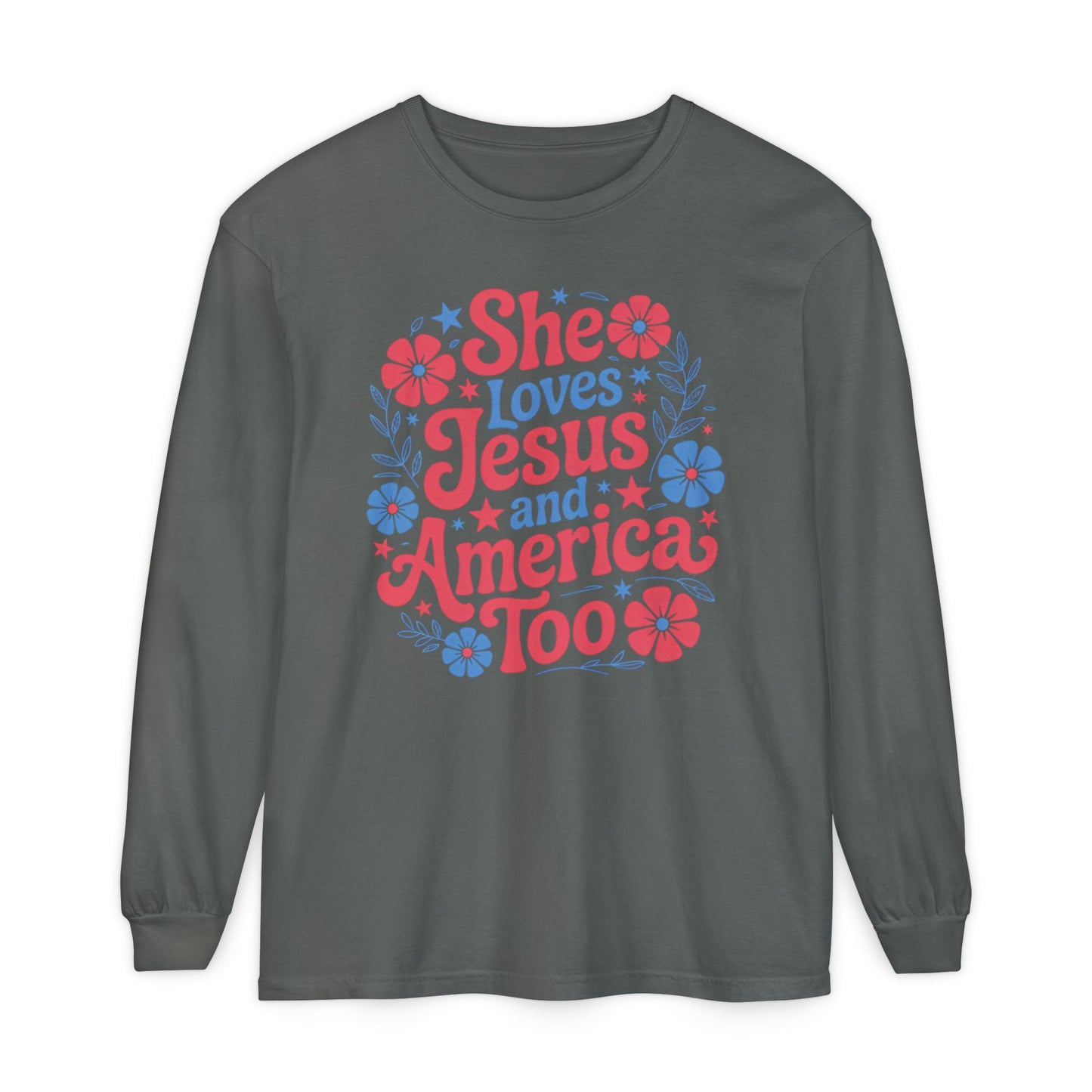 Long Sleeve T-Shirt, Faith-Inspired Apparel, Christ & Country Lifestyle, Perfect for Church Groups, Patriotic Gifts, Women's Fashion
