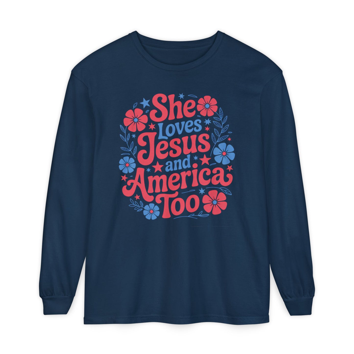 Long Sleeve T-Shirt, Faith-Inspired Apparel, Christ & Country Lifestyle, Perfect for Church Groups, Patriotic Gifts, Women's Fashion