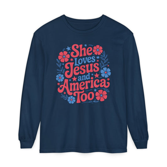 Long Sleeve T-Shirt, Faith-Inspired Apparel, Christ & Country Lifestyle, Perfect for Church Groups, Patriotic Gifts, Women's Fashion