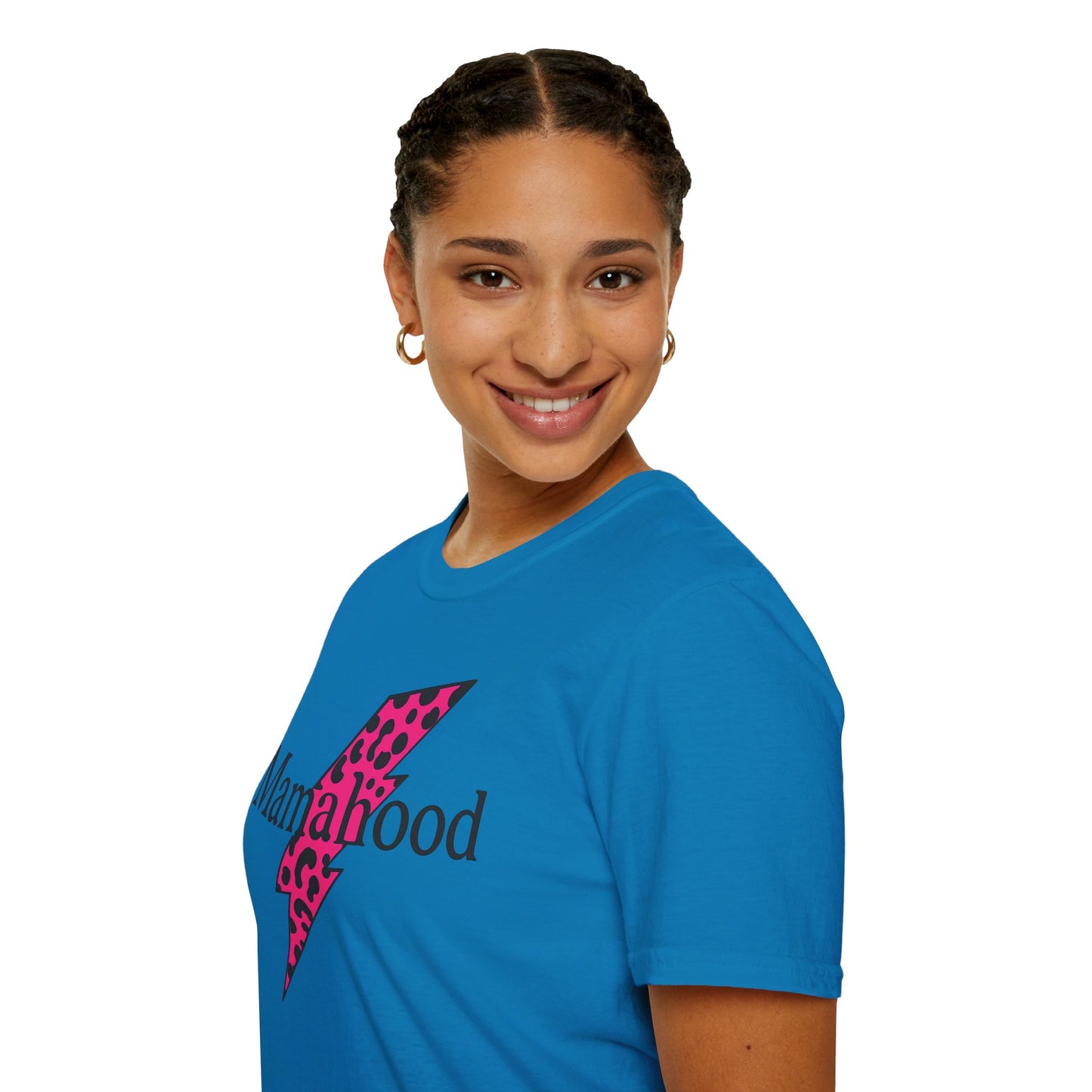 Mamahood Softstyle T-Shirt - Trendy Tee with Pink Lightning and Leopard Print