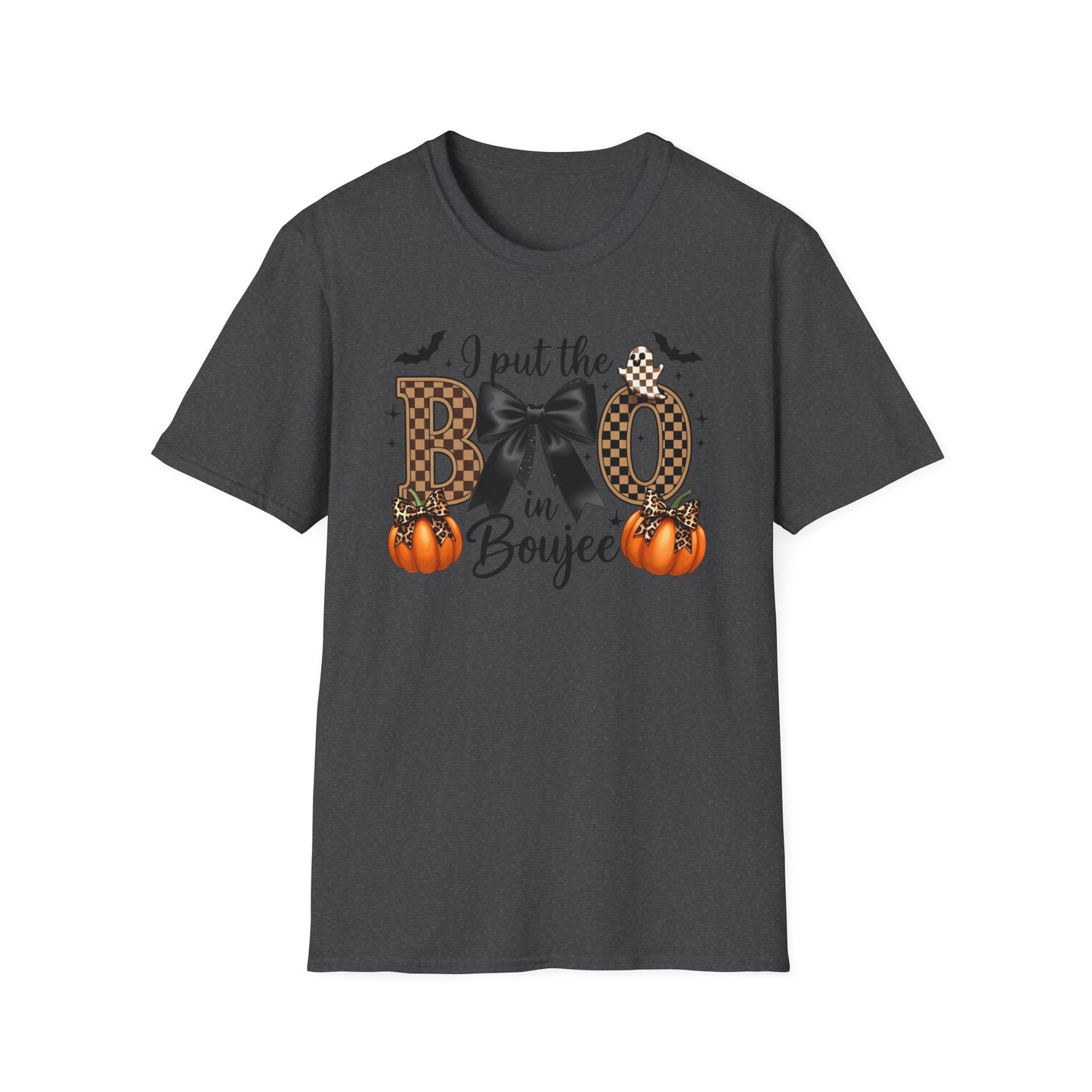 Fall-Themed Unisex Softstyle T-Shirt - 'I Put the BOO in Boujee', Halloween Shirt, Cute Autumn Apparel, Halloween Party Outfit, Gift for Her