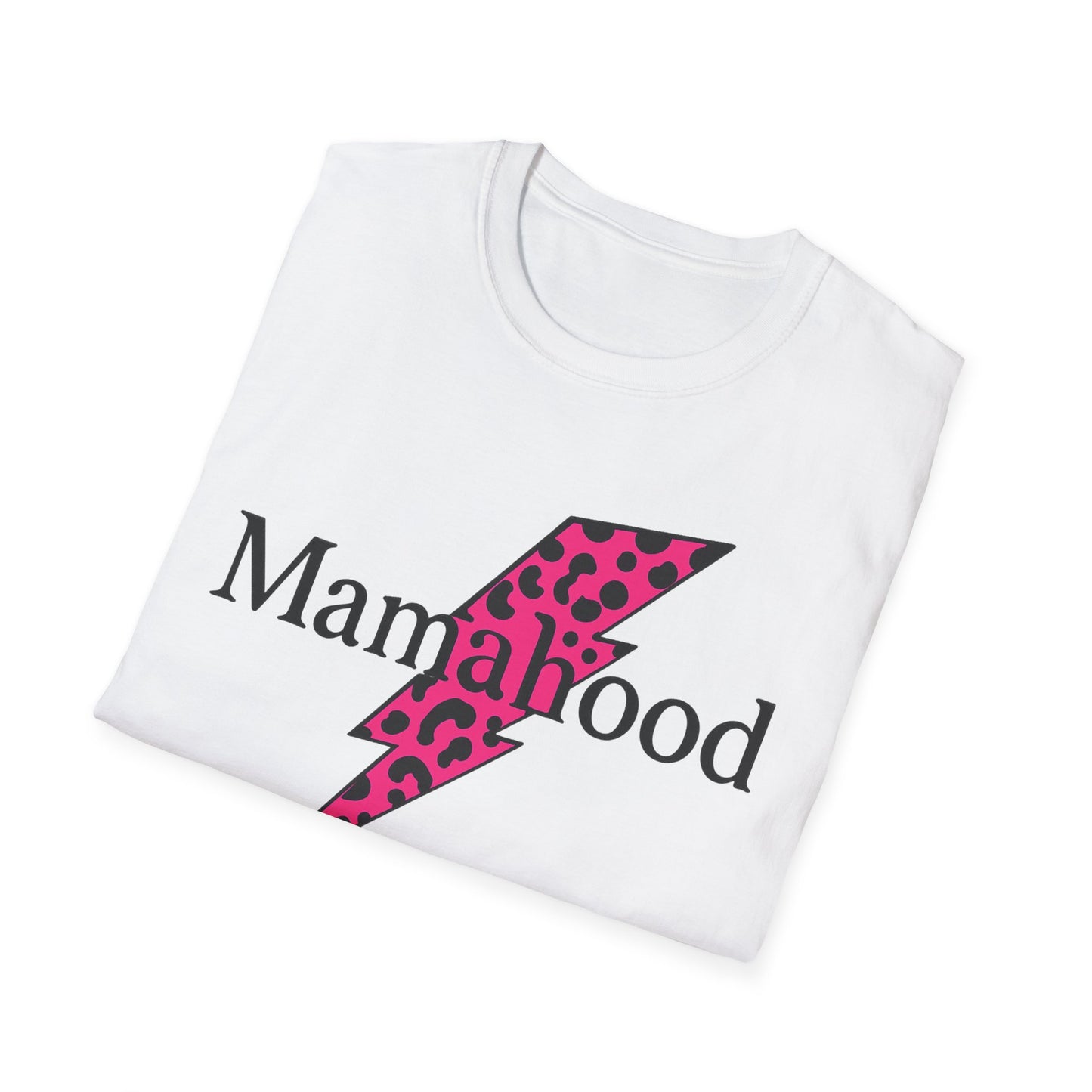 Mamahood Softstyle T-Shirt - Trendy Tee with Pink Lightning and Leopard Print
