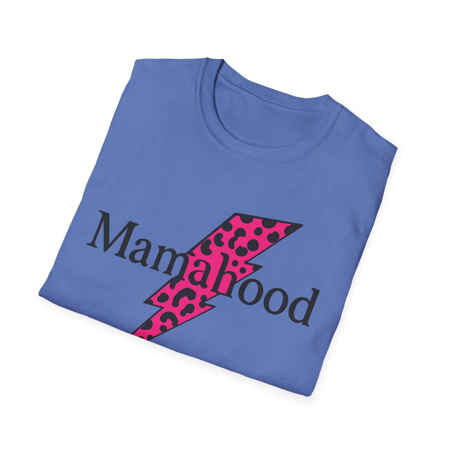 Mamahood Softstyle T-Shirt - Trendy Tee with Pink Lightning and Leopard Print