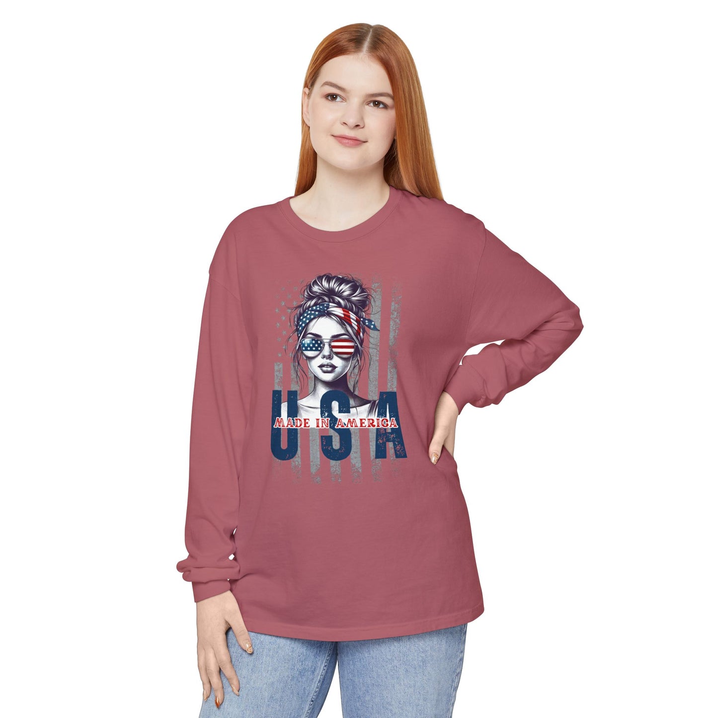 USA Themed Long Sleeve T-Shirt - Made in America, Patriotic Apparel, Independence Day Shirt, Americana Fashion, Unisex Casual Wear