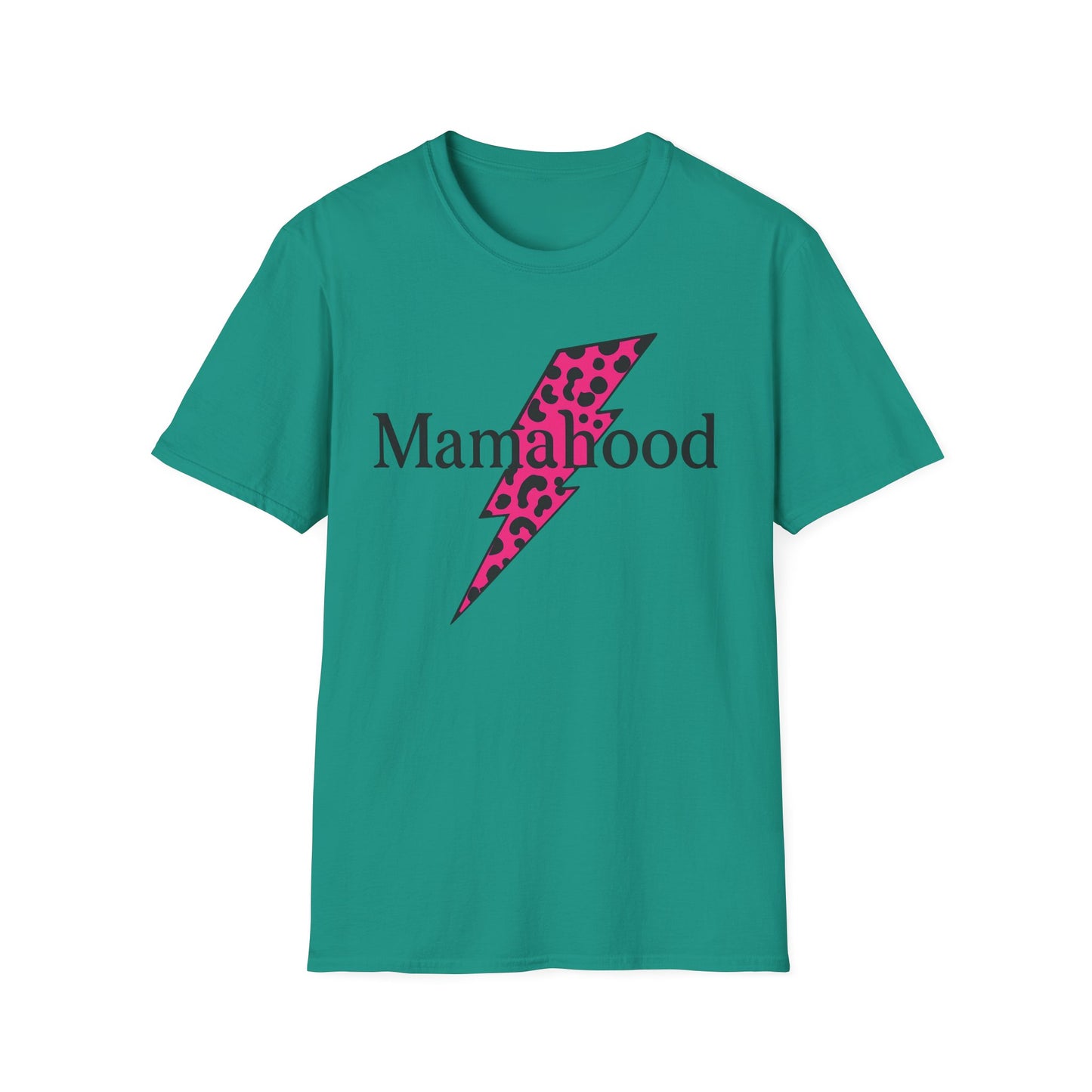 Mamahood Softstyle T-Shirt - Trendy Tee with Pink Lightning and Leopard Print