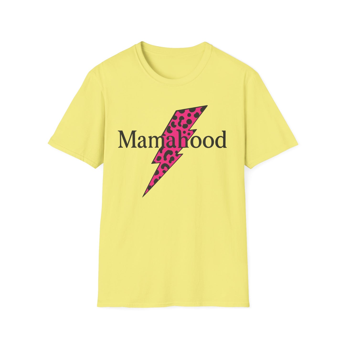 Mamahood Softstyle T-Shirt - Trendy Tee with Pink Lightning and Leopard Print