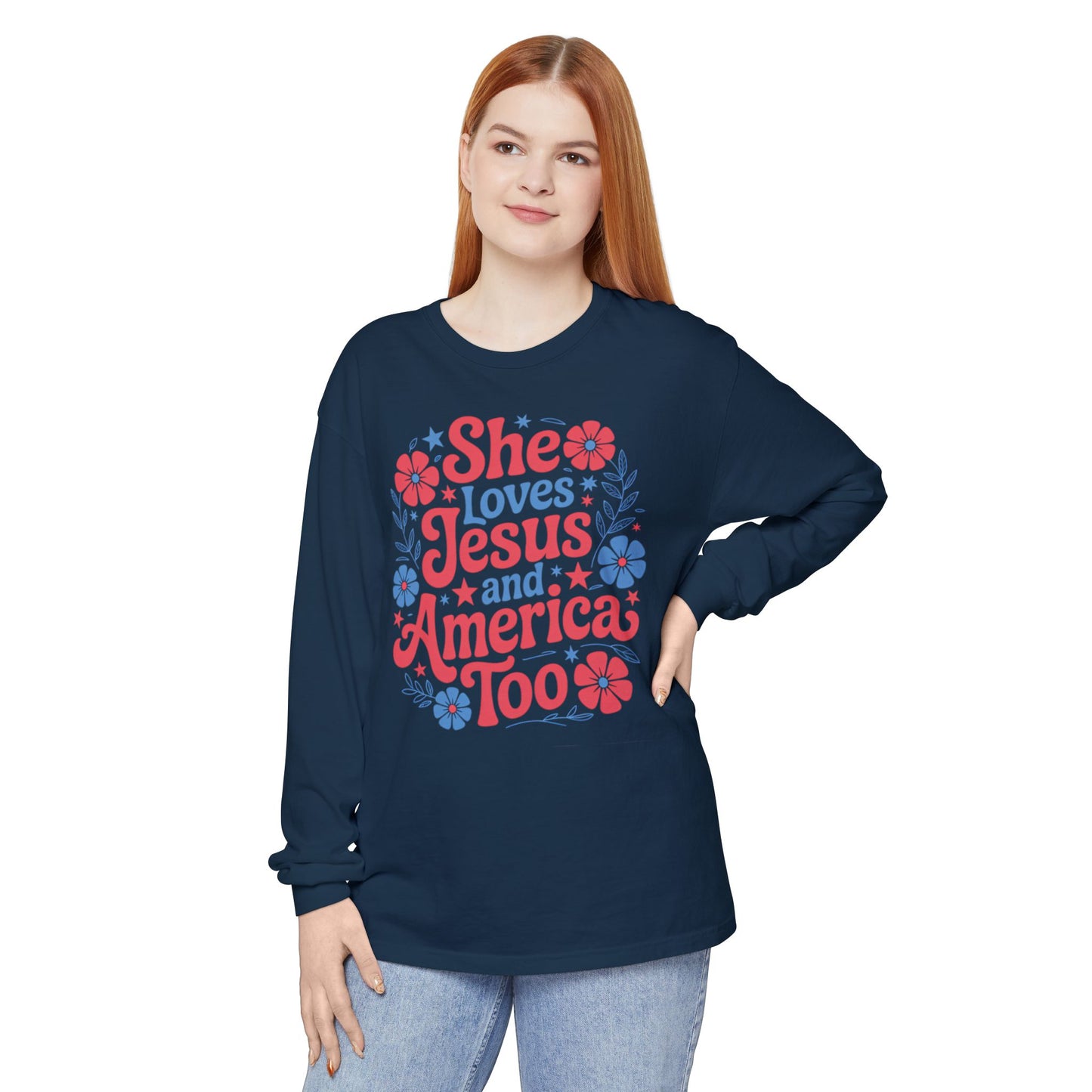Long Sleeve T-Shirt, Faith-Inspired Apparel, Christ & Country Lifestyle, Perfect for Church Groups, Patriotic Gifts, Women's Fashion