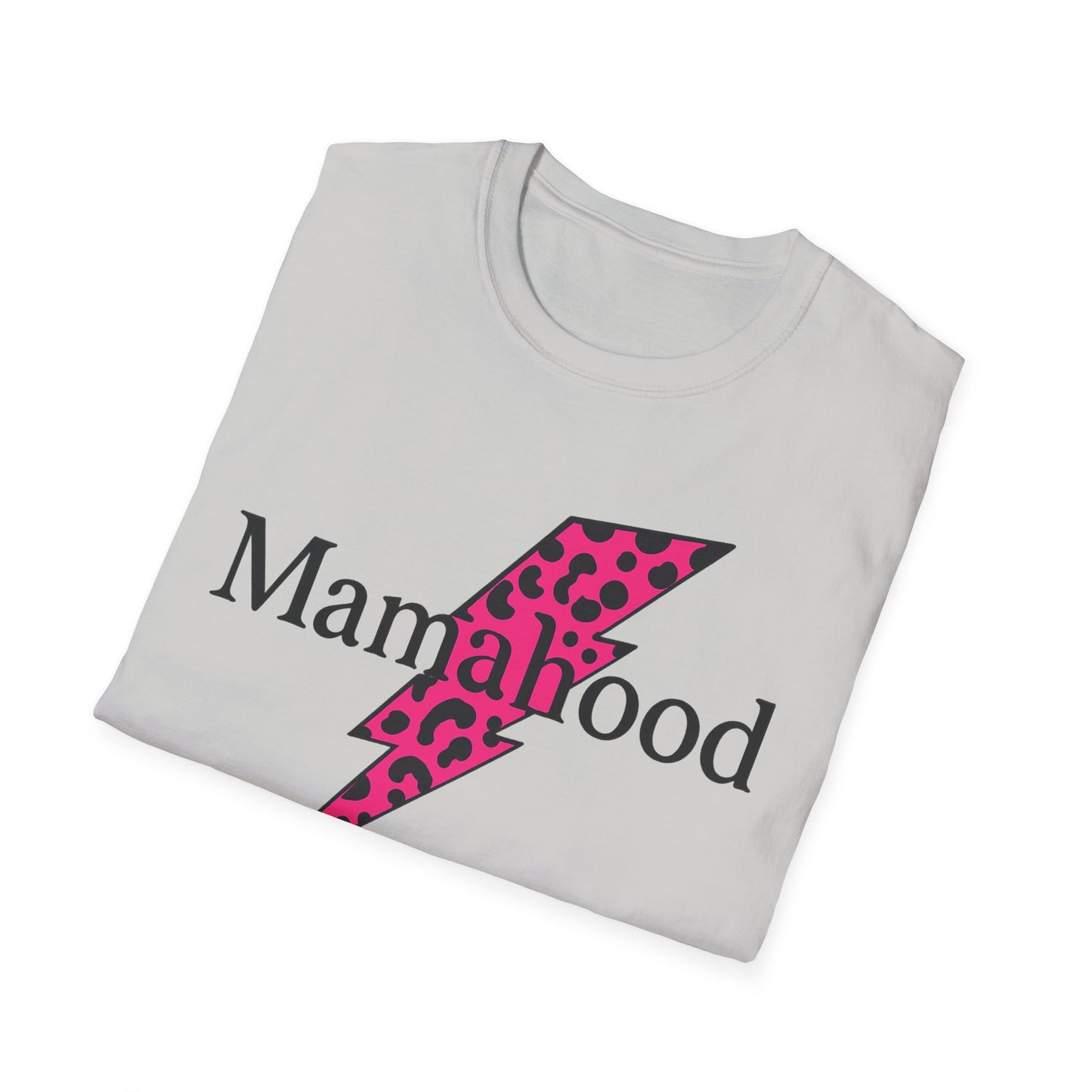 Mamahood Softstyle T-Shirt - Trendy Tee with Pink Lightning and Leopard Print