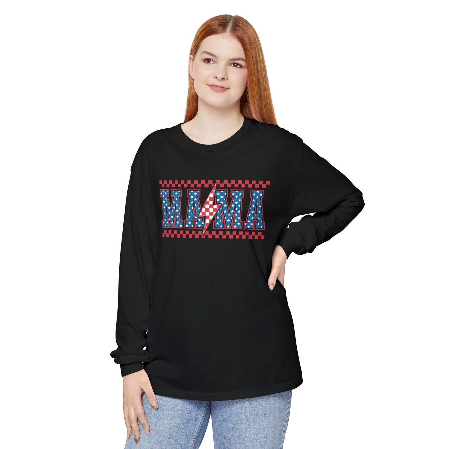 Unisex Long Sleeve T-Shirt, Festive Mama Top, Gift for Moms, Summer BBQ Shirt, Patriotic Apparel, Casual Everyday Wear