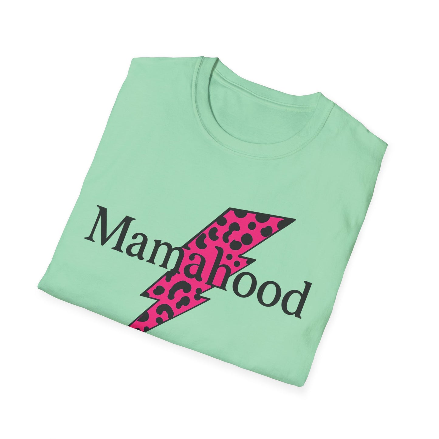 Mamahood Softstyle T-Shirt - Trendy Tee with Pink Lightning and Leopard Print