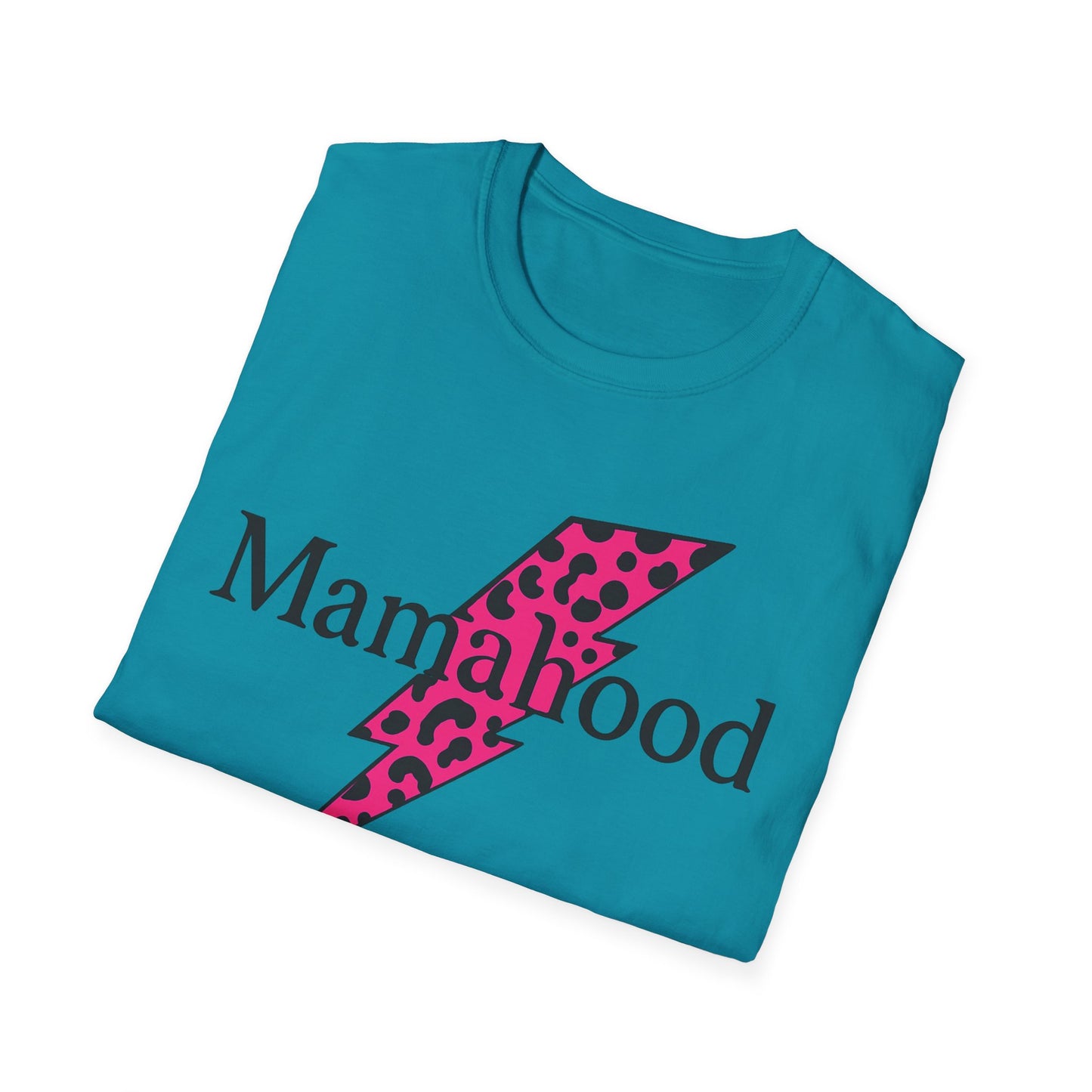 Mamahood Softstyle T-Shirt - Trendy Tee with Pink Lightning and Leopard Print