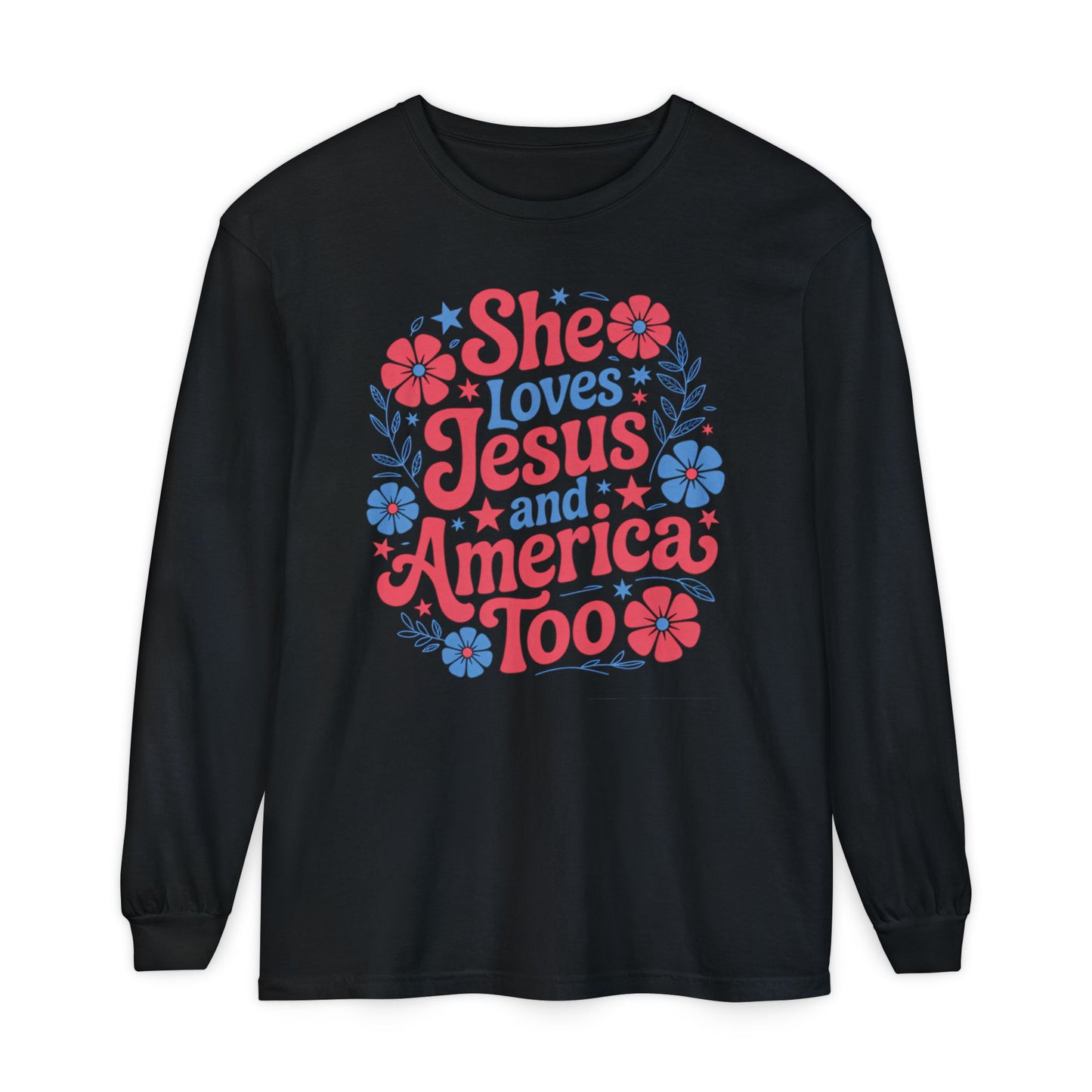 Long Sleeve T-Shirt, Faith-Inspired Apparel, Christ & Country Lifestyle, Perfect for Church Groups, Patriotic Gifts, Women's Fashion