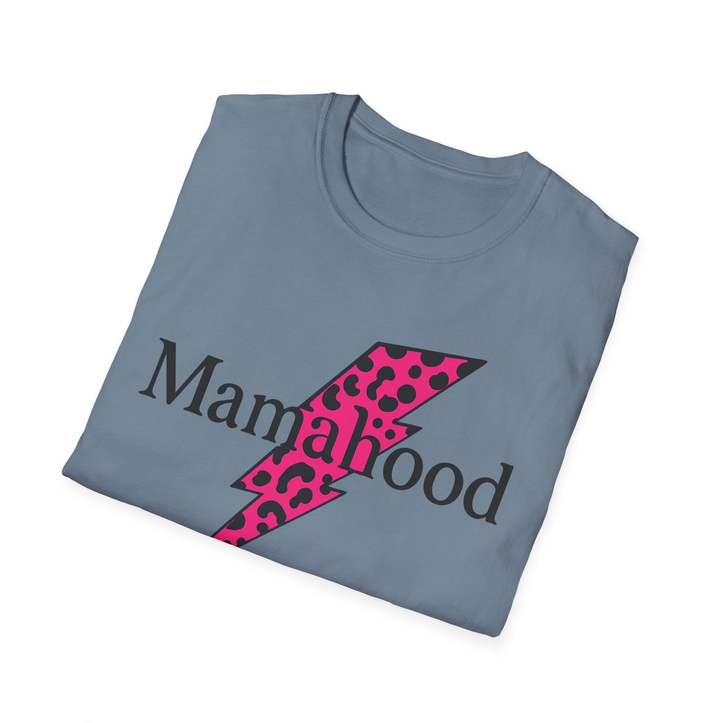 Mamahood Softstyle T-Shirt - Trendy Tee with Pink Lightning and Leopard Print