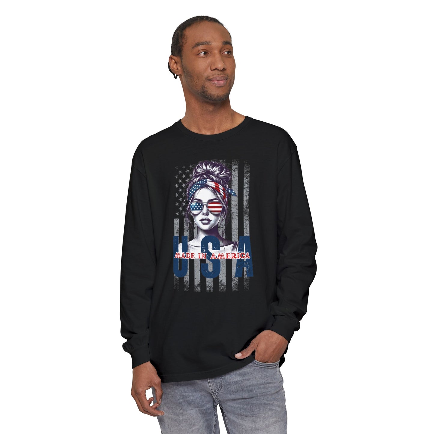 USA Themed Long Sleeve T-Shirt - Made in America, Patriotic Apparel, Independence Day Shirt, Americana Fashion, Unisex Casual Wear