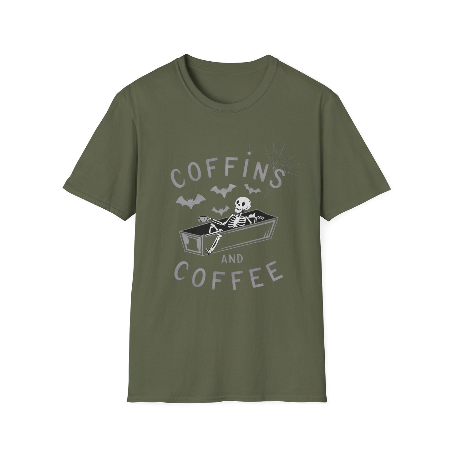 Coffins and Coffee T-Shirt, Unisex Halloween Tee, Spooky Softstyle Shirt, Gift for Coffee Lovers, Fun Casual Wear