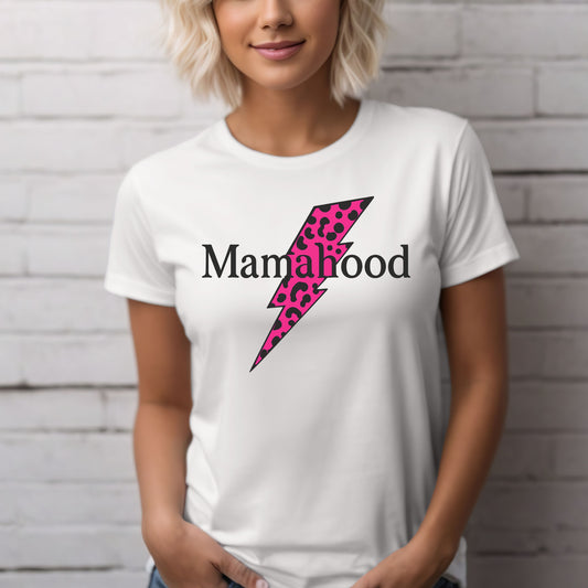 Mamahood Softstyle T-Shirt - Trendy Tee with Pink Lightning and Leopard Print