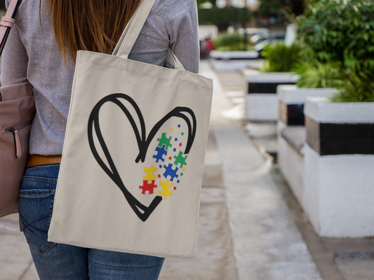 Autism Support, Heart Puzzle Love Cotton Canvas Tote Bag, Eco-Friendly Shopper, Gift for Puzzle Lovers, Cute Everyday Bag, Wedding Favor, Art Supplies Tote