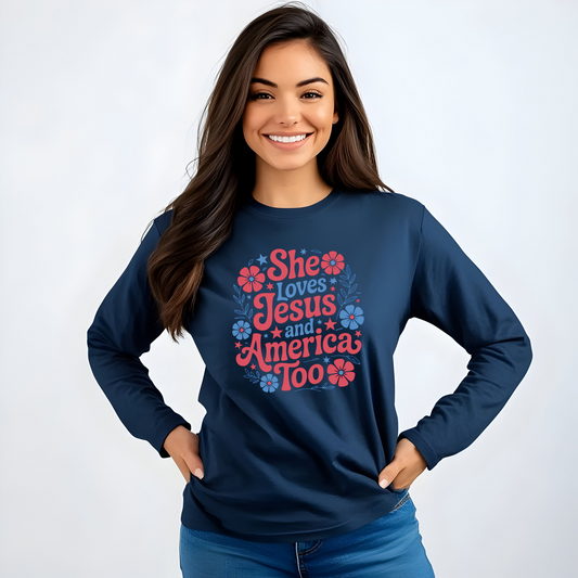 Long Sleeve T-Shirt, Faith-Inspired Apparel, Christ & Country Lifestyle, Perfect for Church Groups, Patriotic Gifts, Women's Fashion
