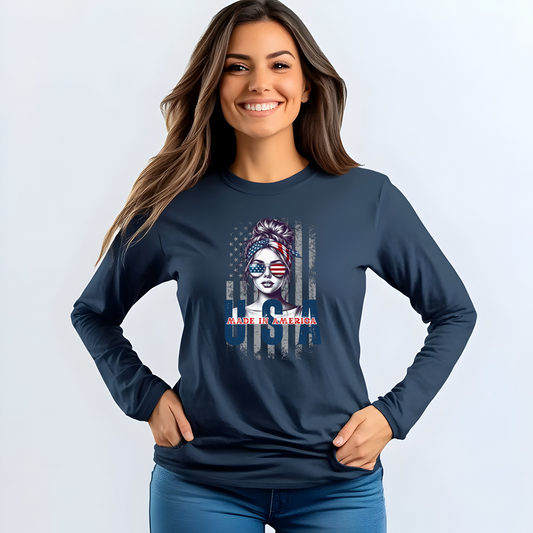 USA Themed Long Sleeve T-Shirt - Made in America, Patriotic Apparel, Independence Day Shirt, Americana Fashion, Unisex Casual Wear