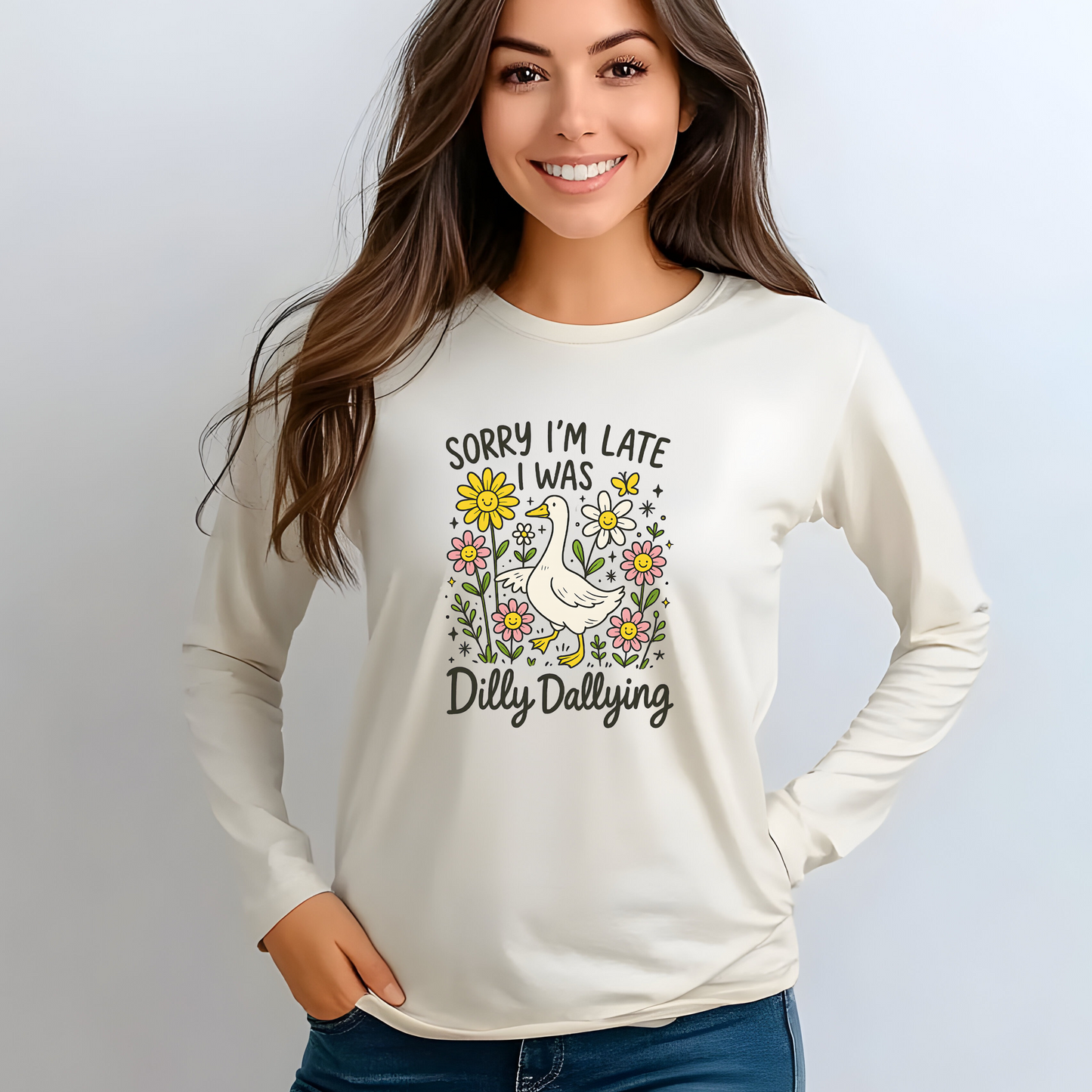 Dilly Dally Long Sleeve Tee - Unisex T-Shirt, Funny Graphic Shirt, Gift for Friends, Casualwear, Flower Art Top