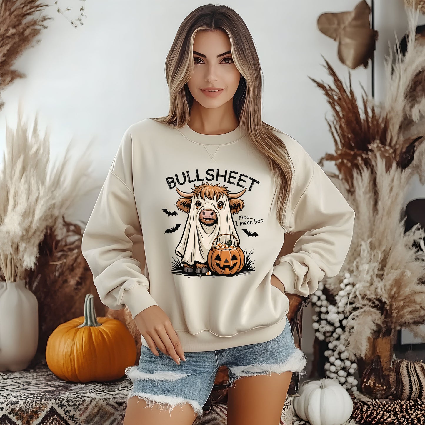 Halloween Cow Sweatshirt, Funny Ghost Cow Crewneck, Bullsheets Sweatshirt for Fall, Cozy Halloween Apparel, October Gift