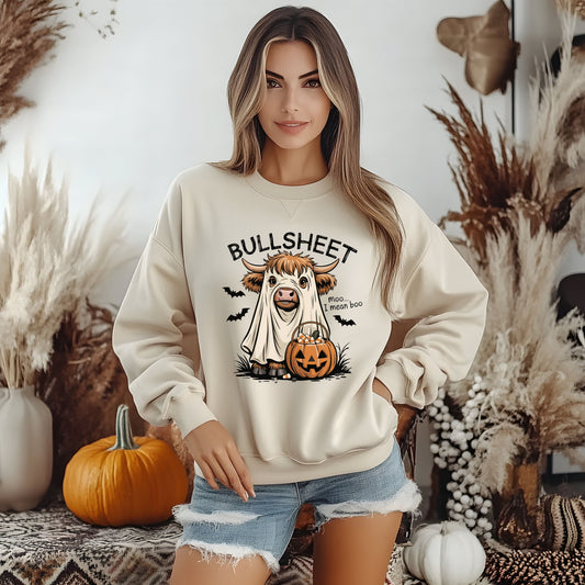 Halloween Cow Sweatshirt, Funny Ghost Cow Crewneck, Bullsheets Sweatshirt for Fall, Cozy Halloween Apparel, October Gift